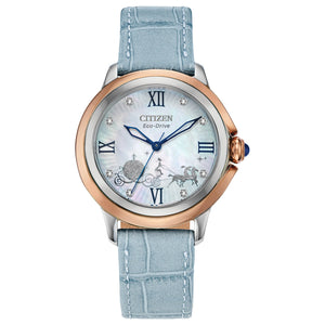 Citizen Disney Cinderella 70th Anniversary Limited Edition Women's Watch EM0798-02D featuring a 32mm two-tone stainless steel case with a white mother-of-pearl dial—front view.