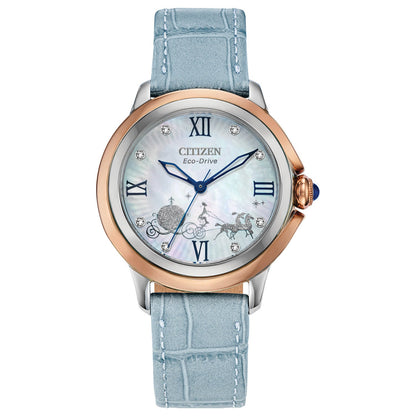 Citizen Disney Cinderella 70th Anniversary Limited Edition Women's Watch EM0798-02D featuring a 32mm two-tone stainless steel case with a white mother-of-pearl dial—front view.