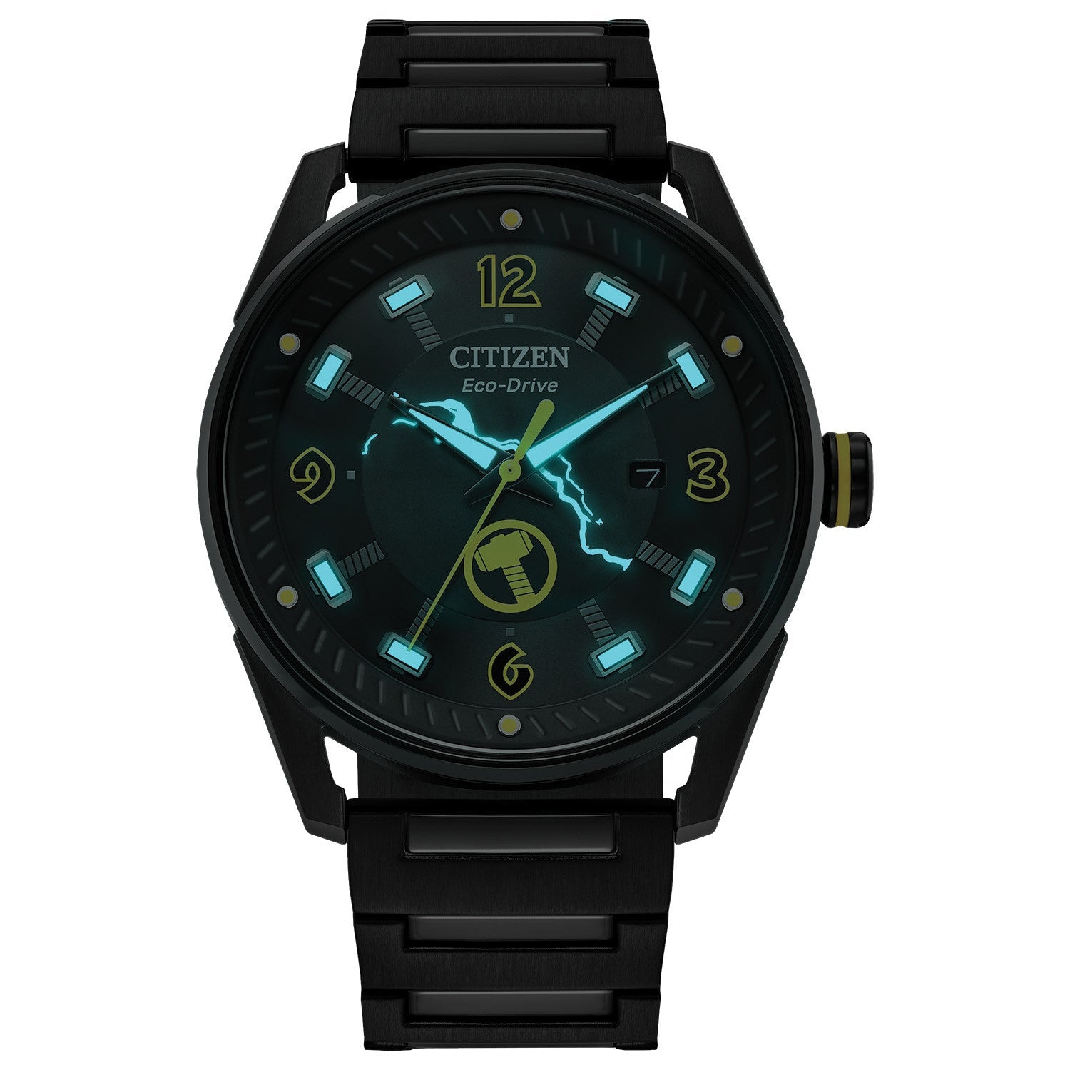 Citizen BM6987-50W Thor watch featuring a black stainless steel case, black dial with luminous hammer-head hour markers, and lightning bolt accents—front view.​