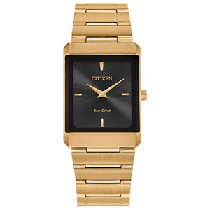 Citizen Stiletto EG6012-59E unisex watch featuring a gold-tone stainless steel 25x35mm rectangular case with a black dial—front view