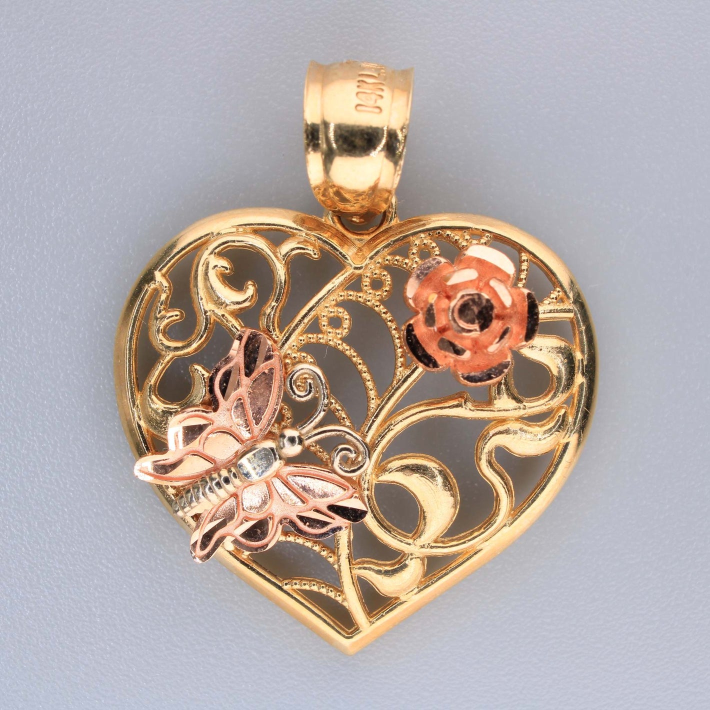 14K Tricolor Gold Heart Flower Butterfly Charm