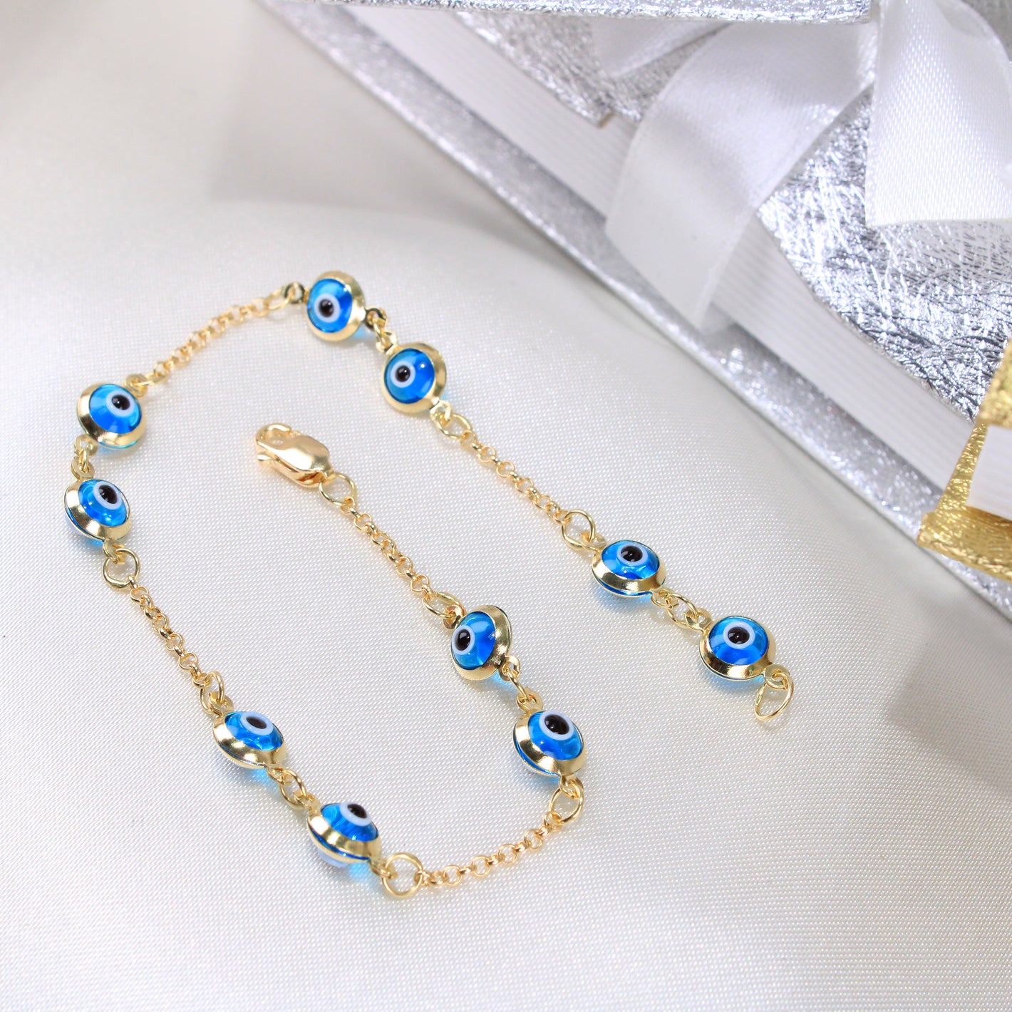 14K Yellow Gold Evil Eye Bracelet 6mm 7in