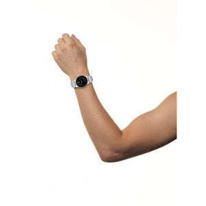 Citizen Axiom AU1060-51E watch showcasing its black dial and silver-tone stainless steel bracelet.