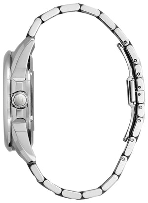 Side profile of the Bulova 96A187, highlighting the stainless steel case and the sleek design of the bracelet.
