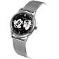 Citizen FE7060-56W watch featuring a black dial with embossed Mickey Mouse design, silver-tone stainless steel case, and mesh bracelet—front view.