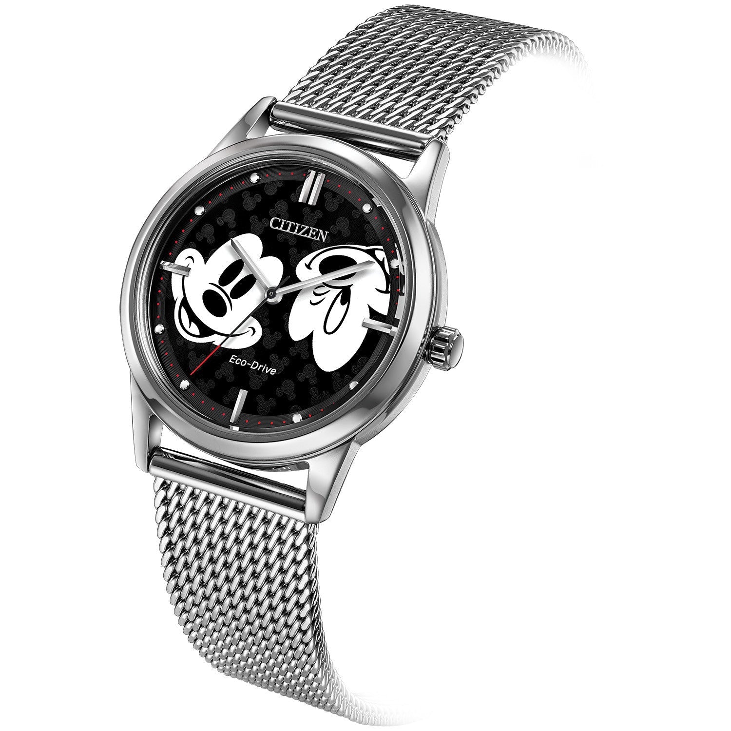 Citizen FE7060-56W watch featuring a black dial with embossed Mickey Mouse design, silver-tone stainless steel case, and mesh bracelet—front view.
