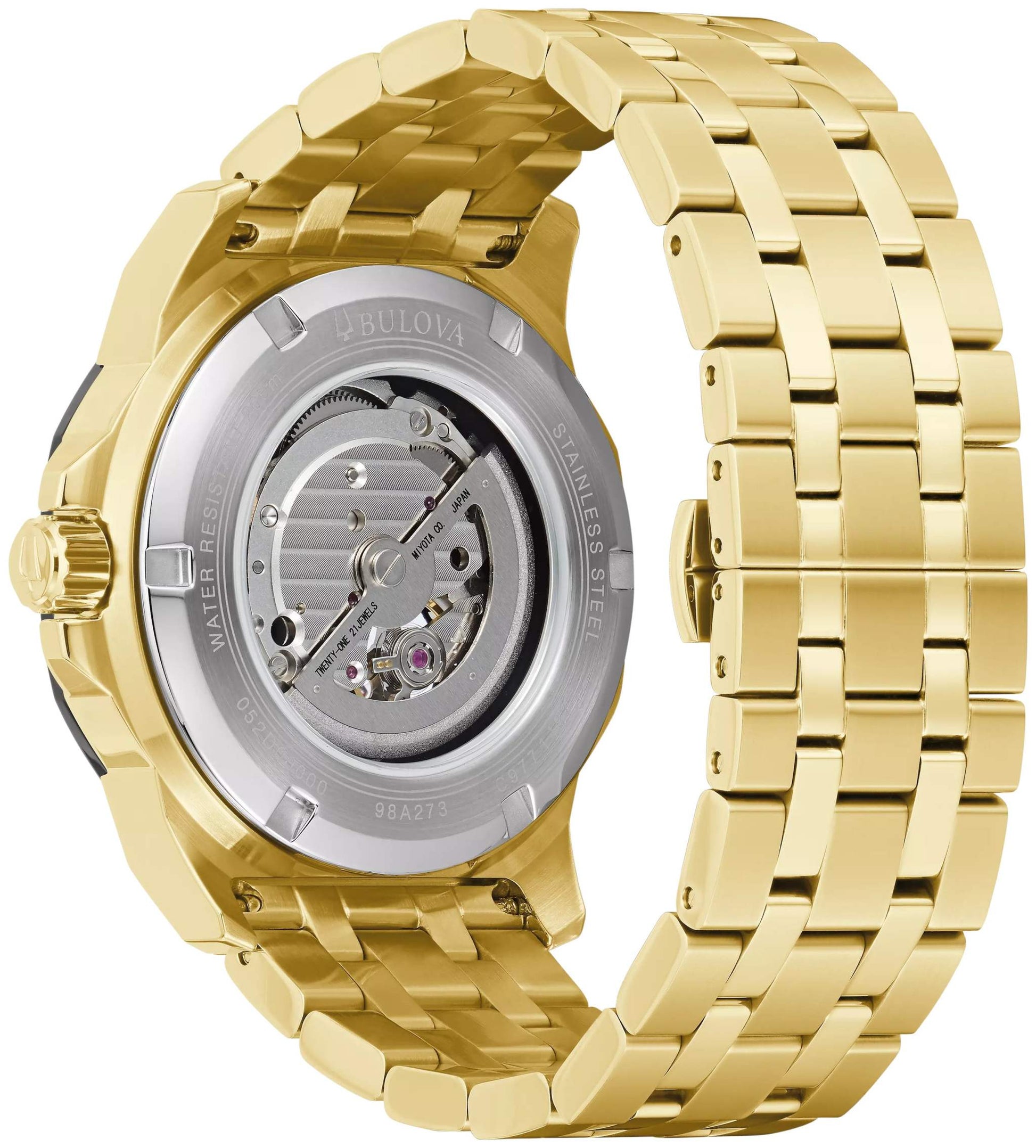 Back view of Bulova 97B168 highlighting the screw-back case and blue leather and silicone strap with red stitch detail.