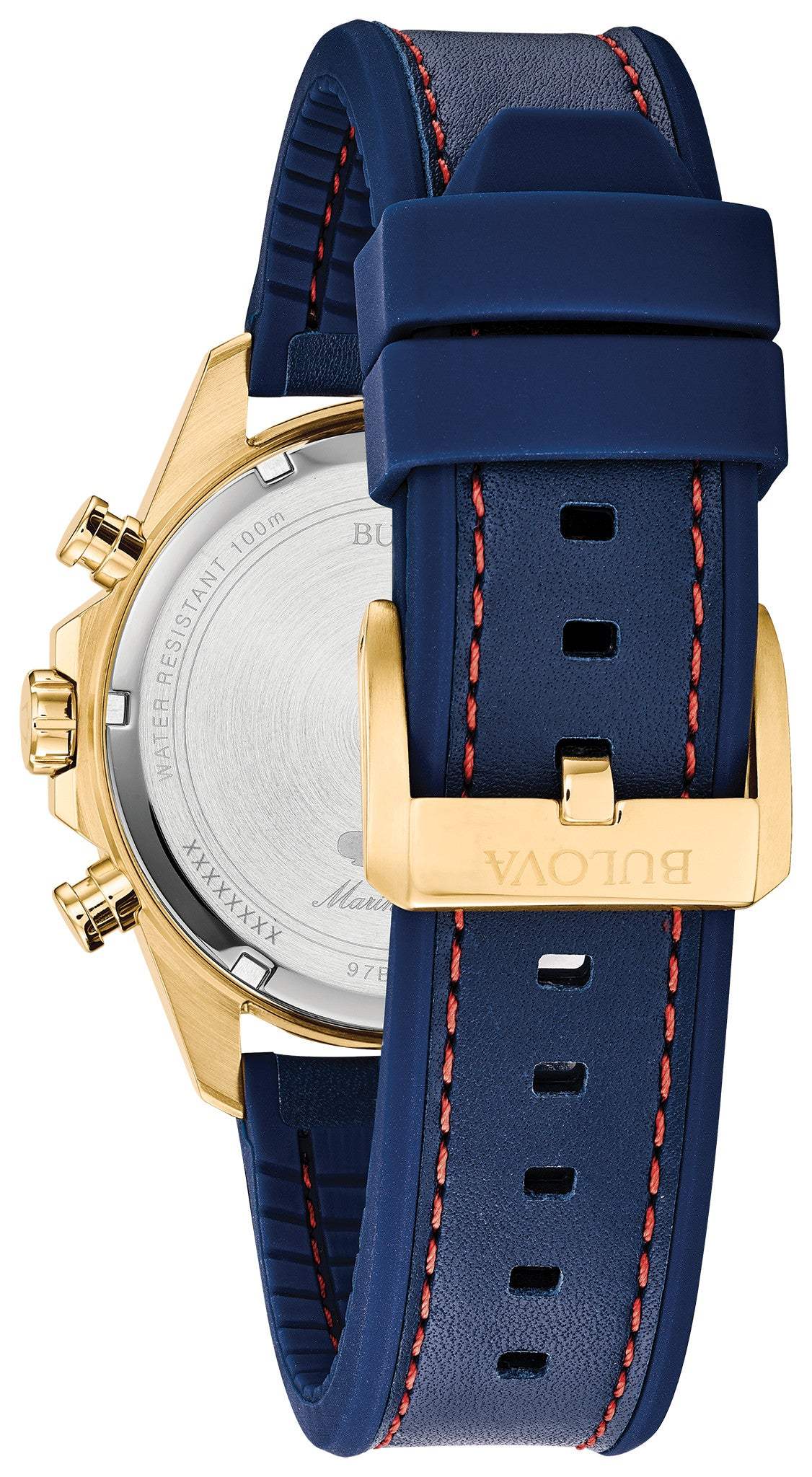 Back view of Bulova 97B168 highlighting the screw-back case and blue leather and silicone strap with red stitch detail.