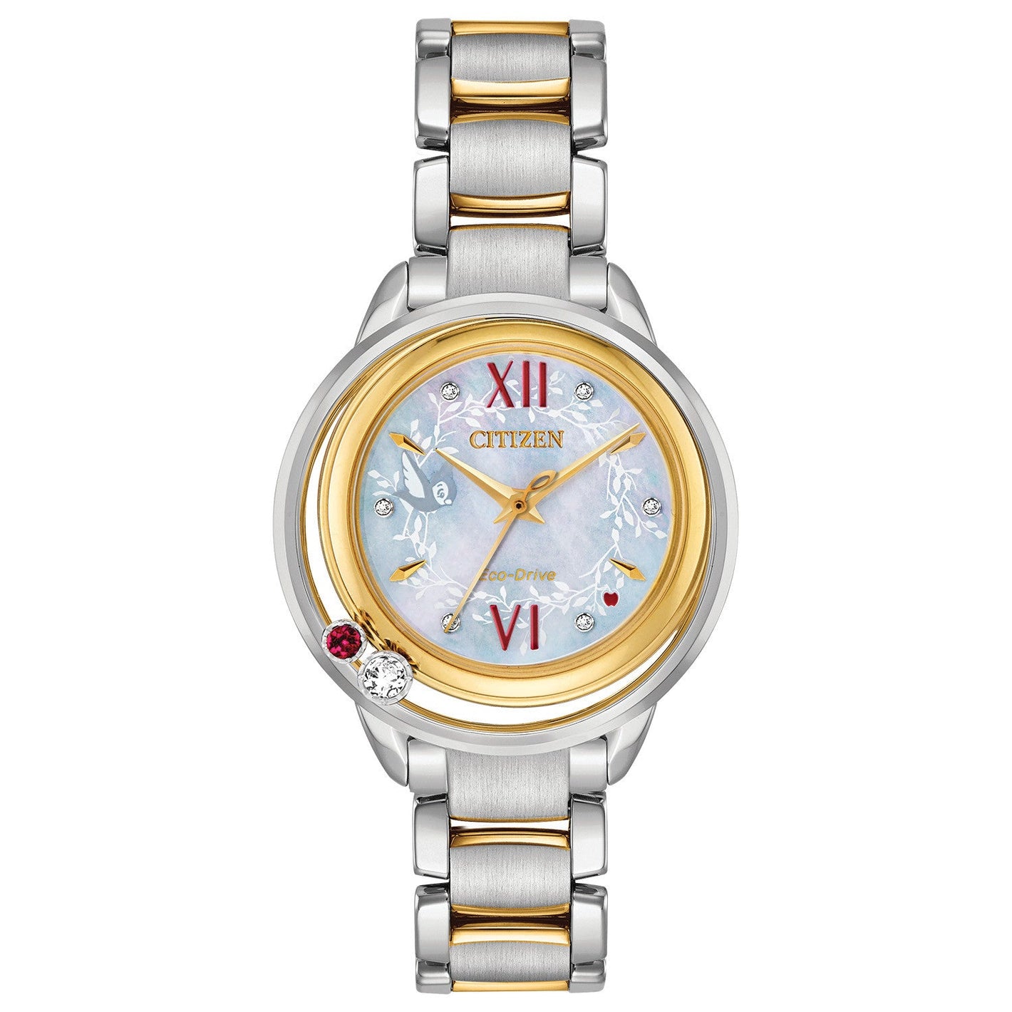 Citizen Disney Princess Snow White Diamond & Topaz Accent Women's Watch EW5564-54D featuring a 33mm two-tone stainless steel case with a mother-of-pearl dial—front view