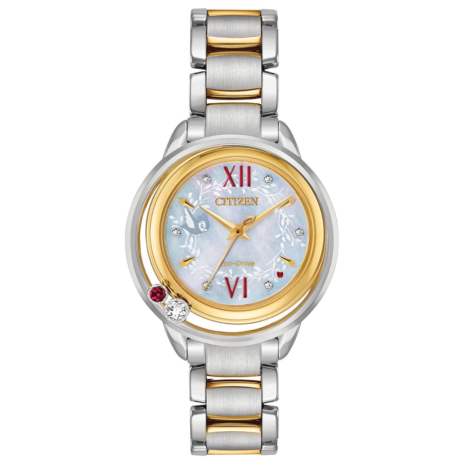 Citizen Disney Princess Snow White Diamond & Topaz Accent Women's Watch EW5564-54D featuring a 33mm two-tone stainless steel case with a mother-of-pearl dial—front view