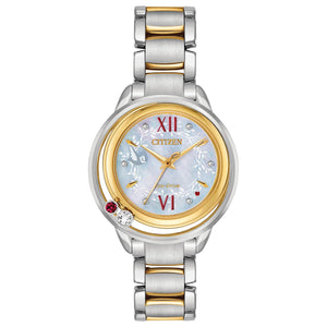 Citizen Disney Princess Snow White Diamond & Topaz Accent Women's Watch EW5564-54D featuring a 33mm two-tone stainless steel case with a mother-of-pearl dial—front view