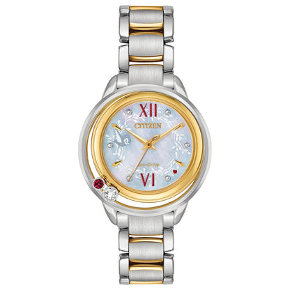 Citizen Disney Princess Snow White Diamond & Topaz Accent Women's Watch EW5564-54D featuring a 33mm two-tone stainless steel case with a mother-of-pearl dial—front view