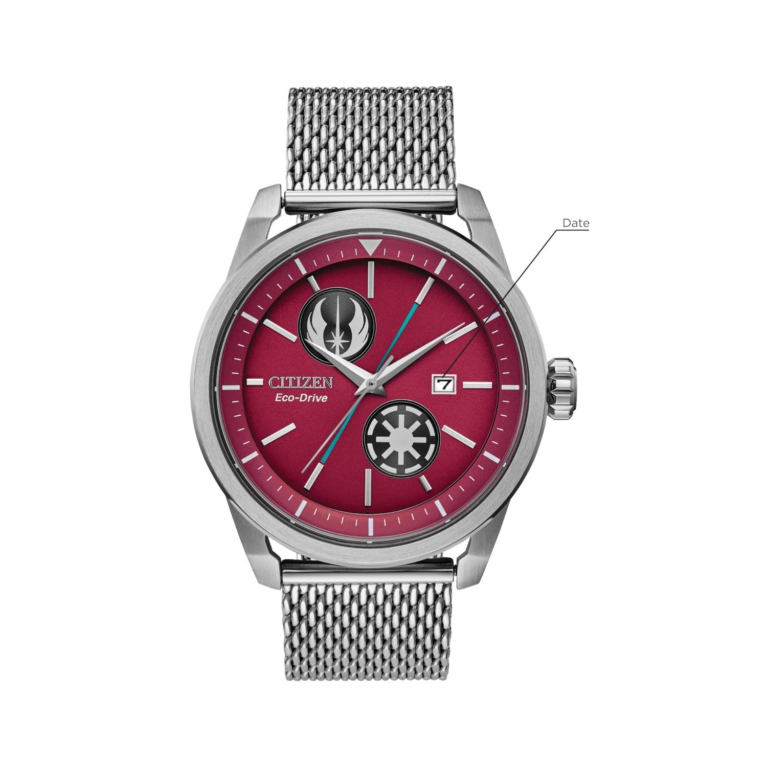 Citizen AW1366-83W Star Wars Prequel watch featuring a burgundy red dial with Jedi Order and Galactic Republic symbols, intersected by a lightsaber-inspired blue line, complemented by a stainless steel mesh bracelet—front view.​