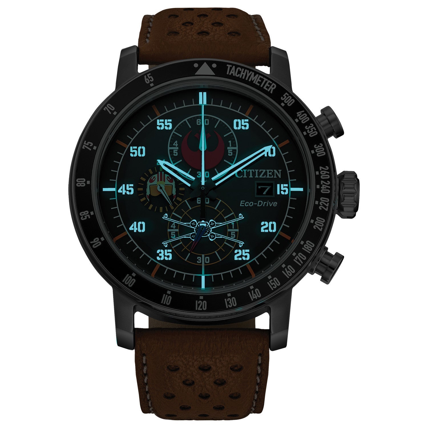 Citizen Star Wars™ Rebel Pilot Eco-Drive Chronograph Watch CA0761-06W featuring a 44mm silver-tone stainless steel case with an orange leather strap and black dial—front view.